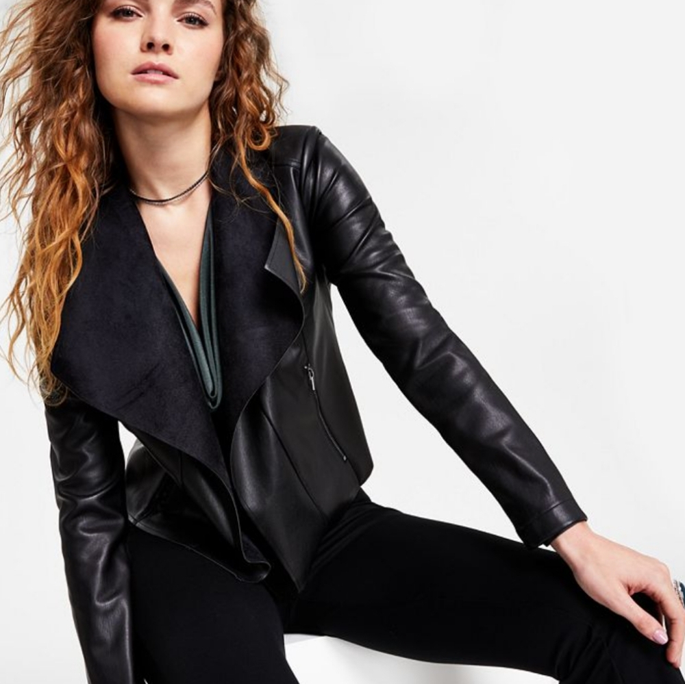 Bar III Petite Faux-Leather Flyaway Jacket .  Soft.  deep Black PXL